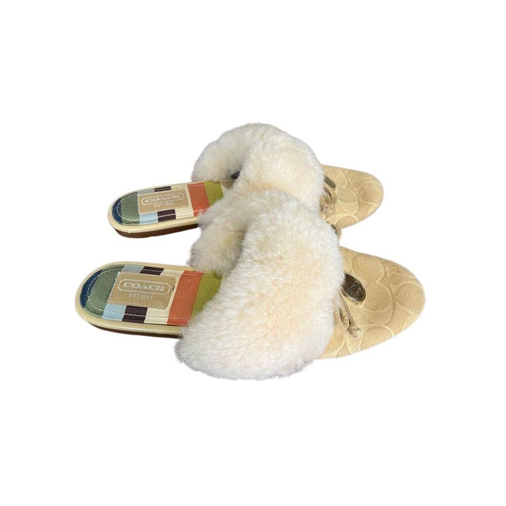 Coach Carra Sand Suede Signature C Embossed Sheep Fur Slippers Slides A0024 Size - Picture 4 of 9